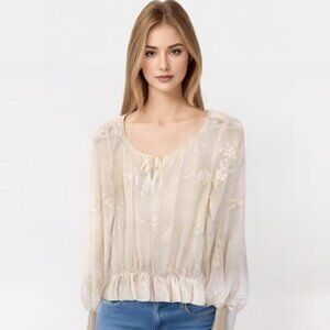 Guess Blouse Size S White Sheer Embroidered Mini Peplum Long Bishop Sleeve
